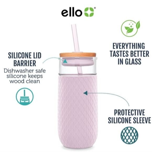 18 OZ Ello Devon Glass Container Tumbler Pink Satin Silicone Sleeve Wooden Lid - Picture 13 of 14